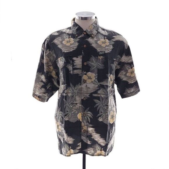 Tommy Bahama Mens Large Short Sleeve Button-Down Floral Black Yellow Shirt Rayon - Picture 1 of 9